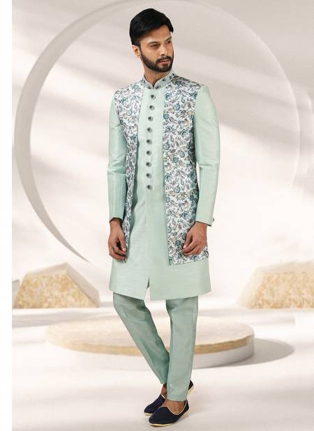 Pista Green Colour Festive Wear Banarasi Silk Digital Print Kurta Pajama With Jacket Mens Collection 1402